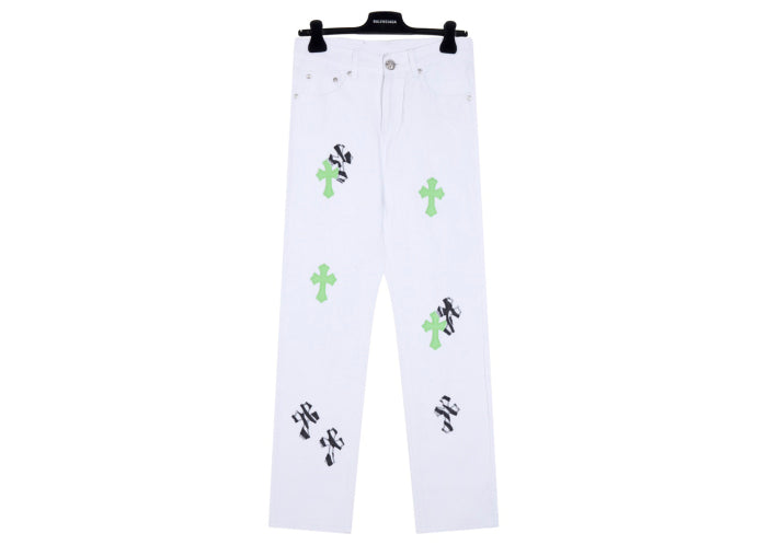 Chrome Hearts Green Zebra Print Croesses White Pants