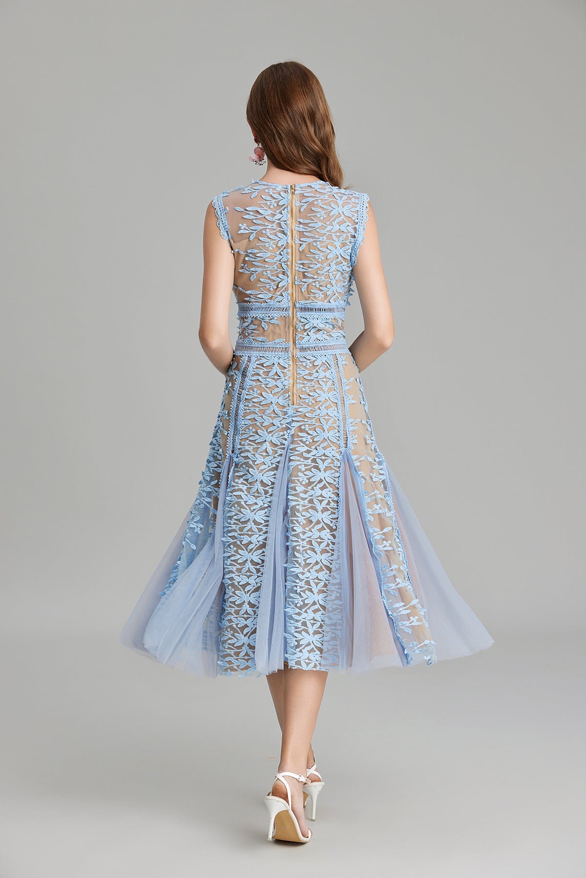 Maëlle Round Neck Mesh Embroidered Midi Dress In Beige