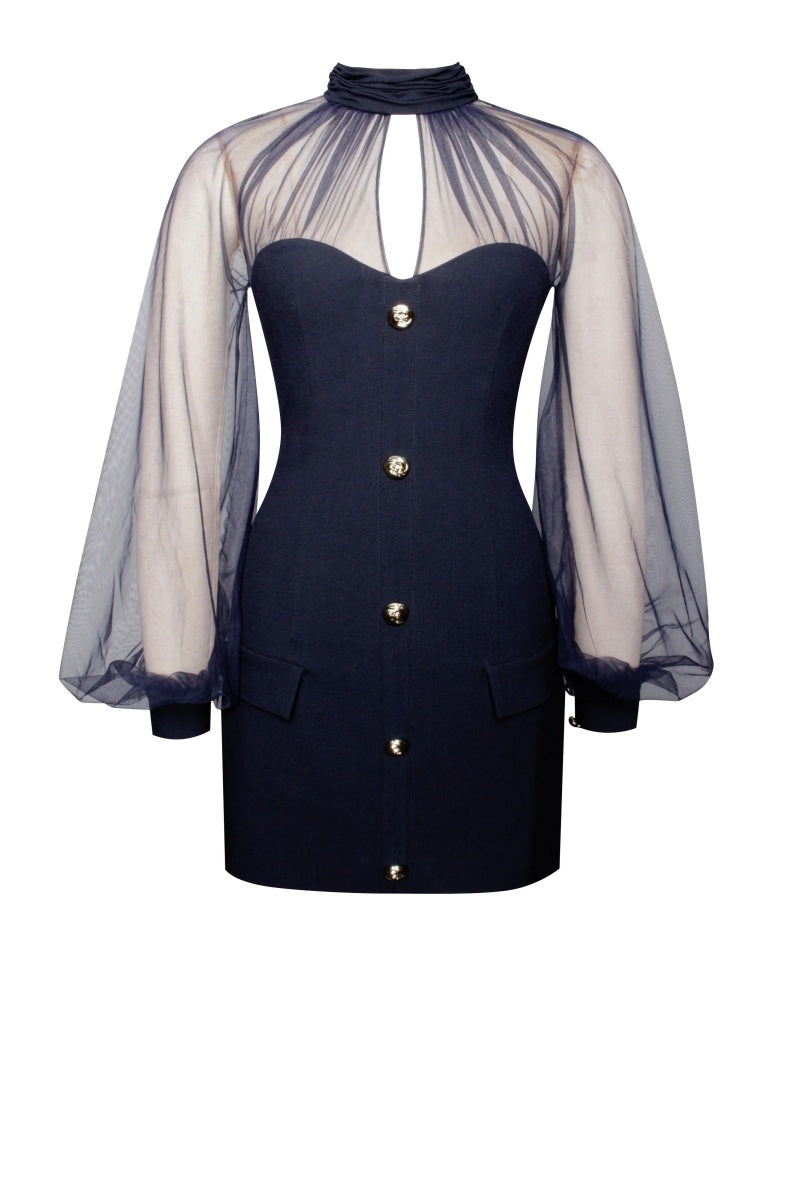 Tabitha Navy Blue Mesh Lantern Sleeve Mini Dress