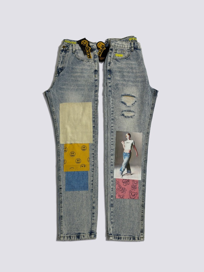 Drew House Smiley Face Digital Picture Sticker Stitching Jeans