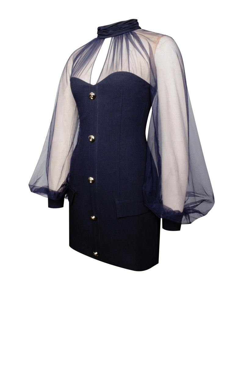Tabitha Navy Blue Mesh Lantern Sleeve Mini Dress