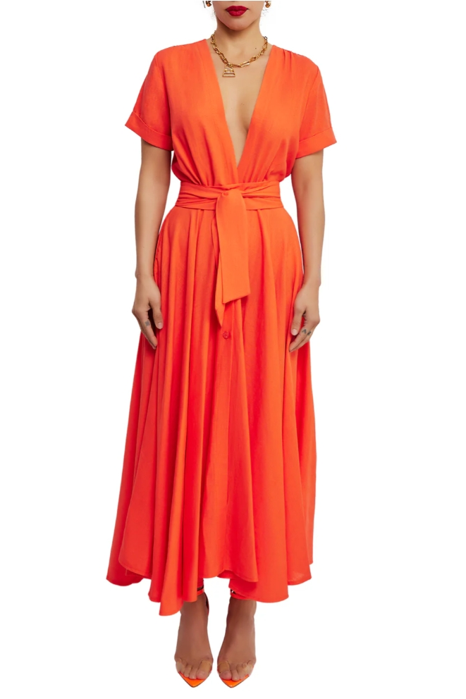 Orange Deep V Neck Button Maxi Dress