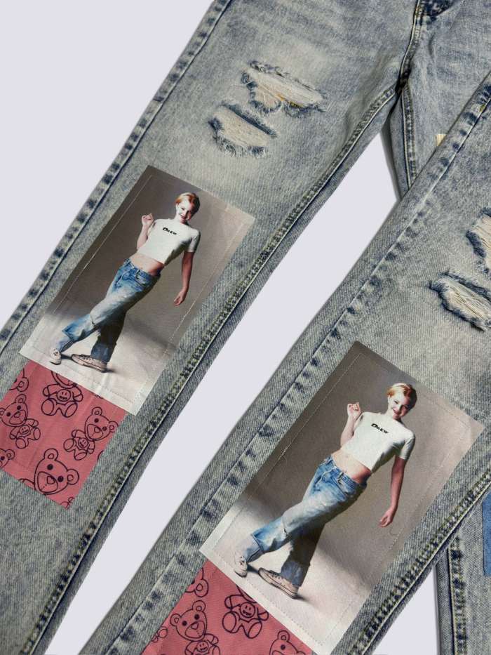 Drew House Smiley Face Digital Picture Sticker Stitching Jeans