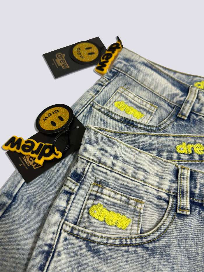 Drew House Smiley Face Digital Picture Sticker Stitching Jeans