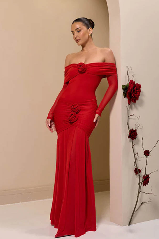 Off-Shoulder 3D Floral Bodycon Maxi Dress