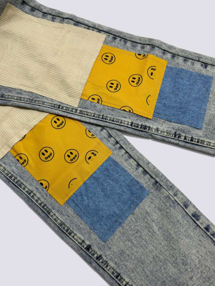 Drew House Smiley Face Digital Picture Sticker Stitching Jeans