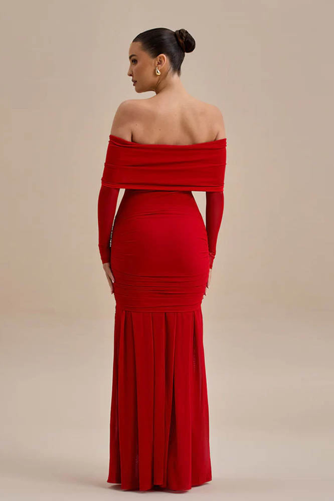 Off-Shoulder 3D Floral Bodycon Maxi Dress