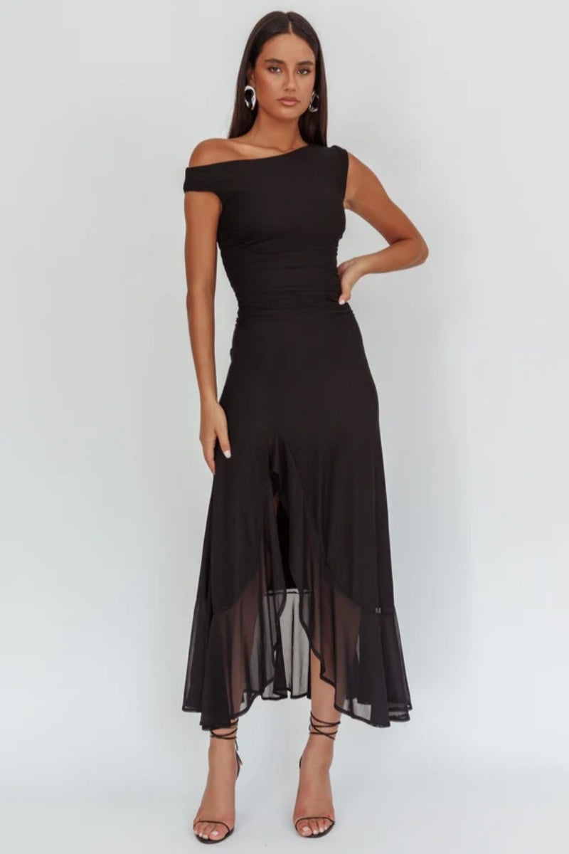 Moonlit Magic Asymmetric Neckline Maxi Dress