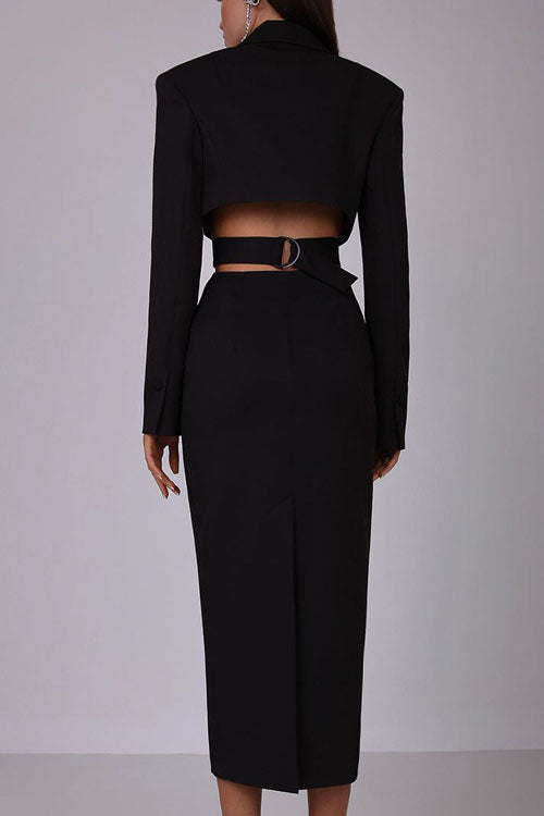 Statement Deep V Metal-Detail Blazer Midi Dress