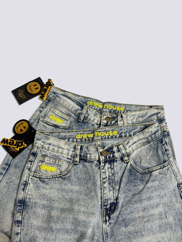 Drew House Smiley Face Digital Picture Sticker Stitching Jeans