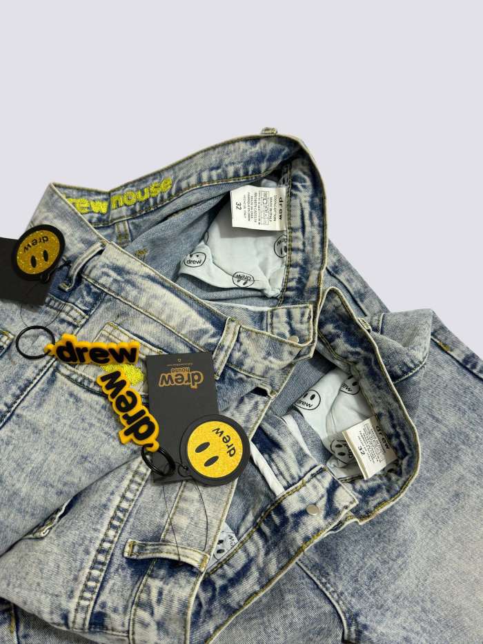 Drew House Smiley Face Digital Picture Sticker Stitching Jeans