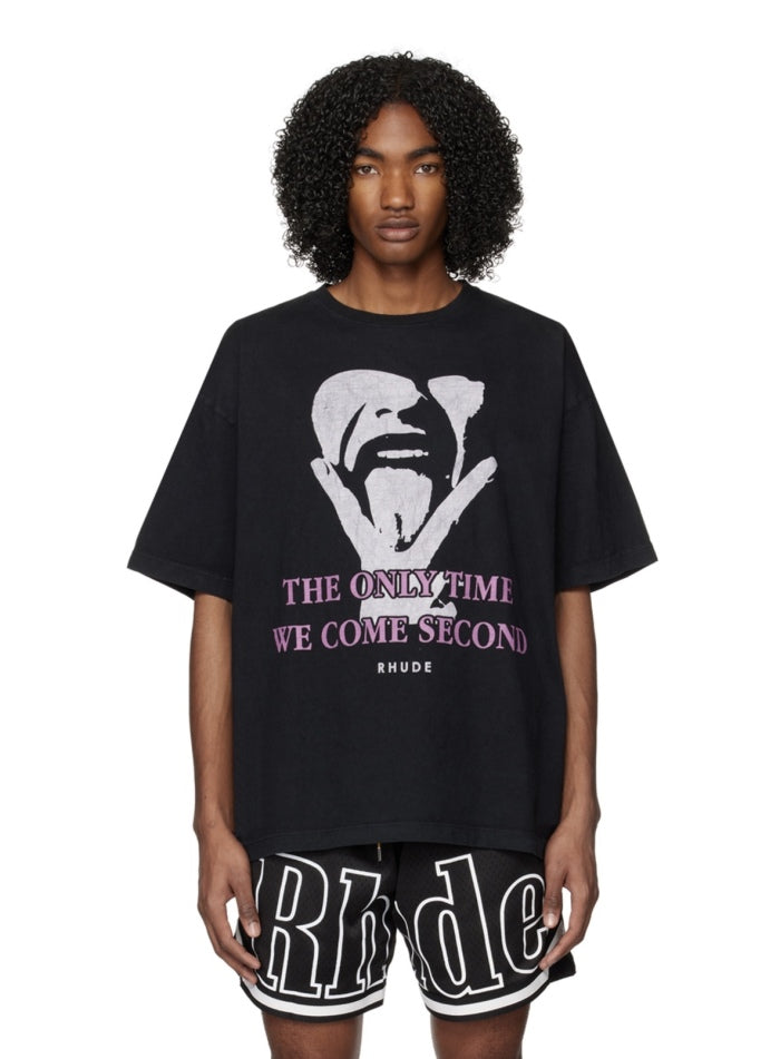 RHUDE Retro Slogan Portrait Print Short Sleeve T-Shirt Black