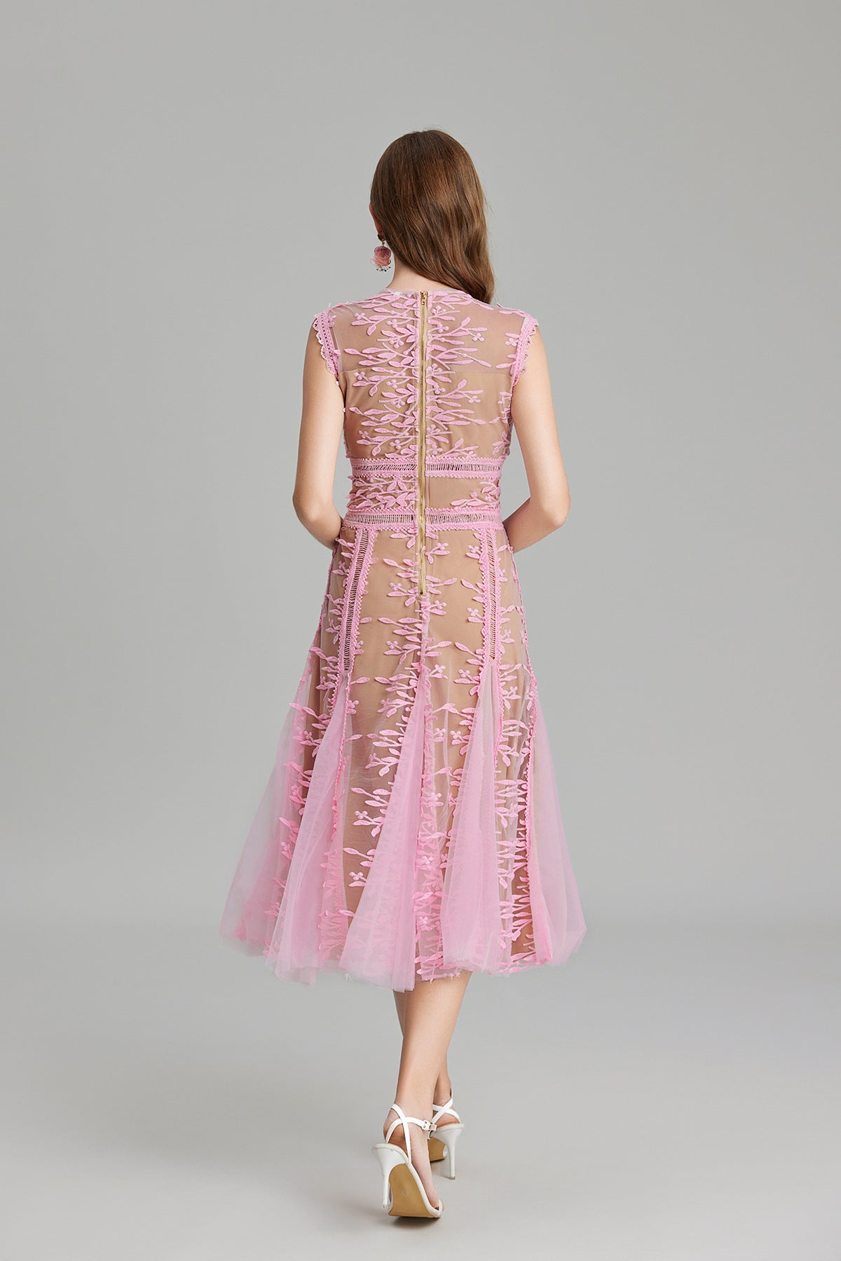 Maëlle Round Neck Mesh Embroidered Midi Dress In Beige