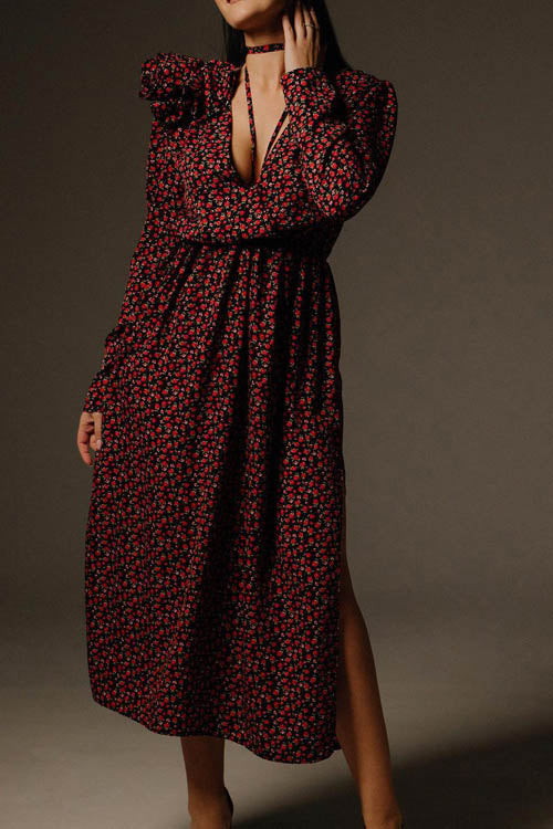Bertha Flower V Neck Midi Dress