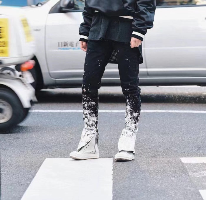 FOG Season 5 Washed Old Black Splashed Ink Slim Fit Small Feet Zipper Jeans