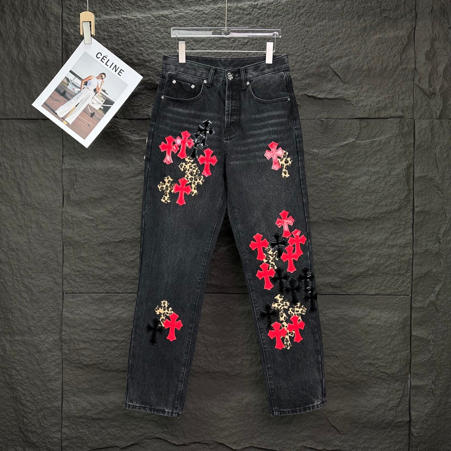 25SS Black and Red Leopard Print Sanskrit Cross Patchwork Denim Jeans