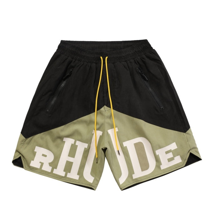 RHUDE vintage logo print two-tone drawstring shorts