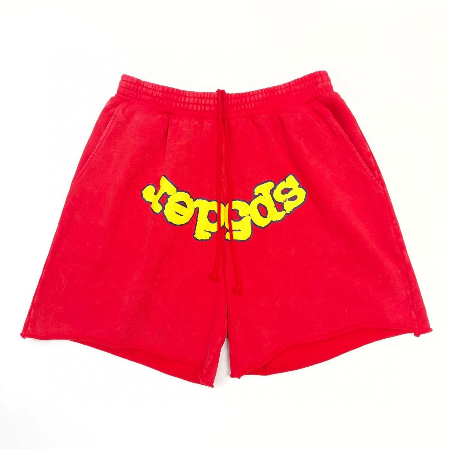 1:1 washing red puff logo hoodie short