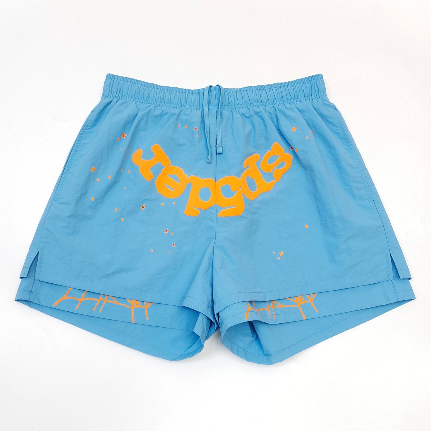 New arrival orange letters on sky blue shorts
