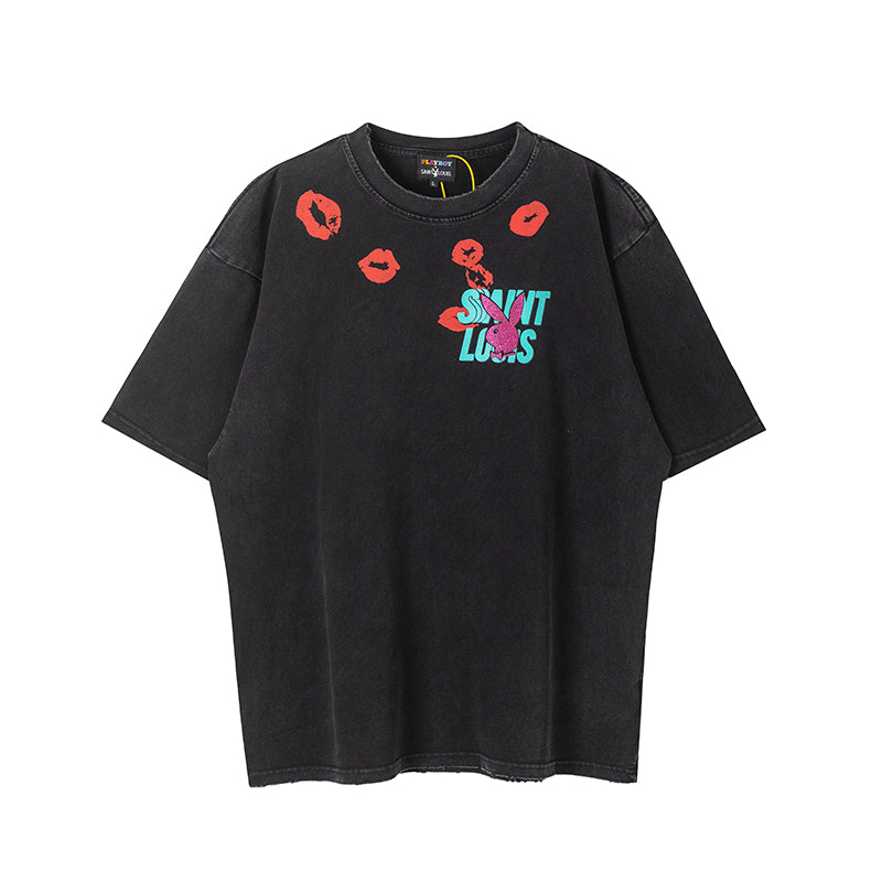 SSSAINT x PLAYBOY Lips logo water-washed grey lip-print short-sleeved T-shirt