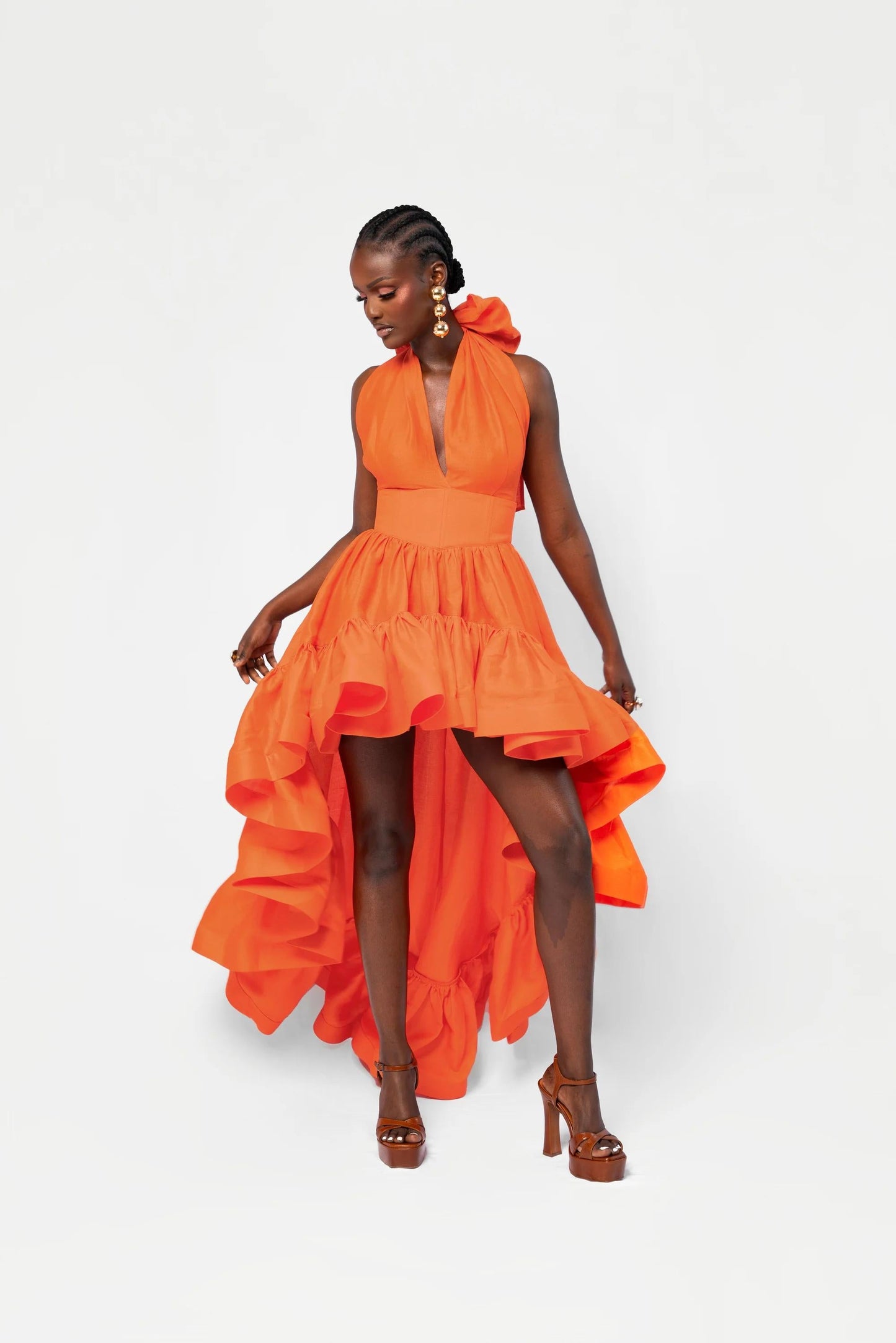 V - Neck Halter Asymmetric Ruffle Gown