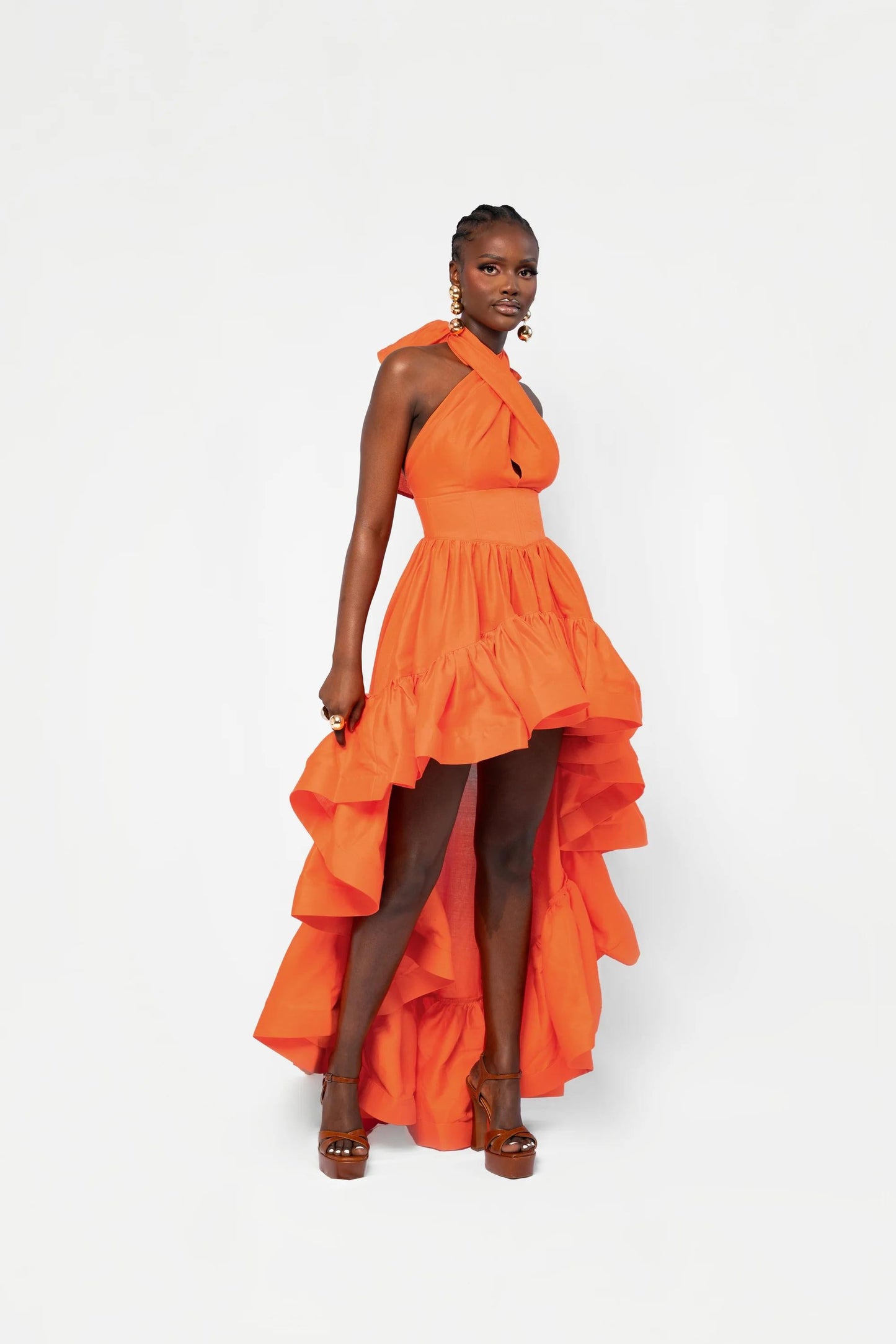 V - Neck Halter Asymmetric Ruffle Gown