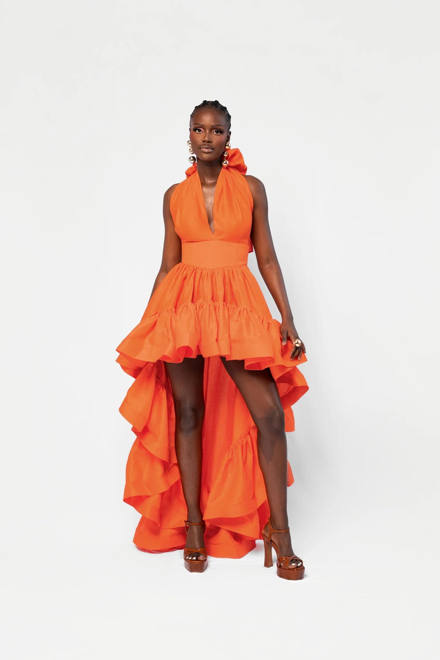 V - Neck Halter Asymmetric Ruffle Gown