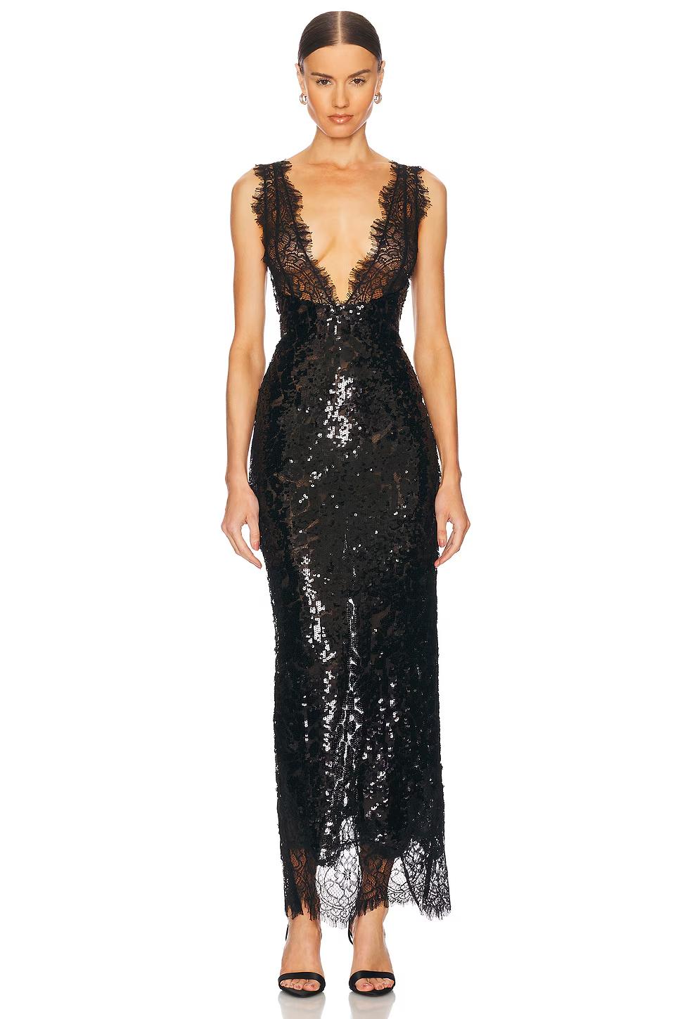 Black Sequin & Lace Deep V - Neck Maxi Dress