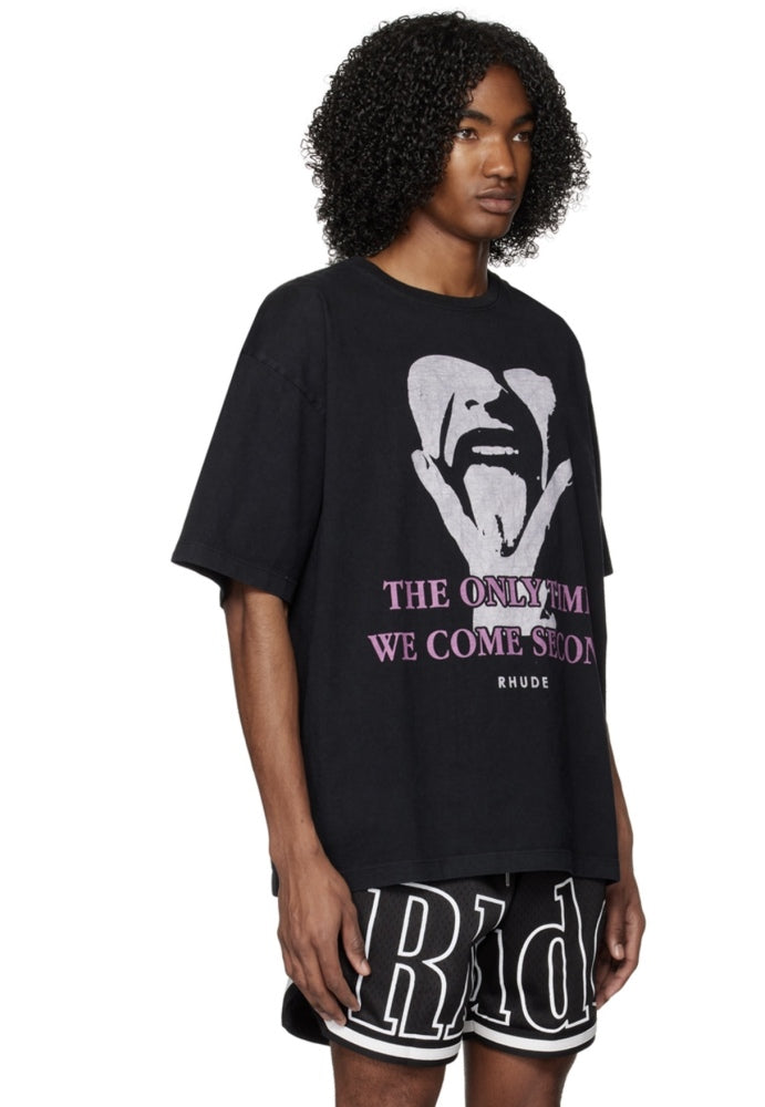 RHUDE Retro Slogan Portrait Print Short Sleeve T-Shirt Black