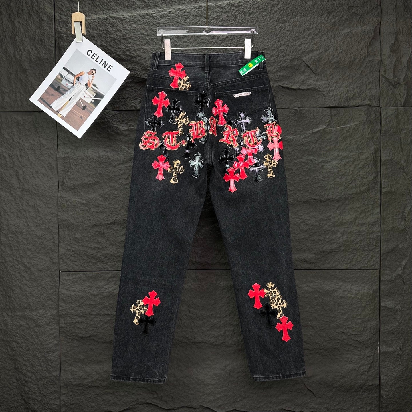 25SS Black and Red Leopard Print Sanskrit Cross Patchwork Denim Jeans