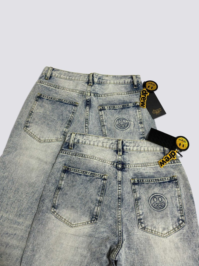 Drew House Smiley Face Digital Picture Sticker Stitching Jeans