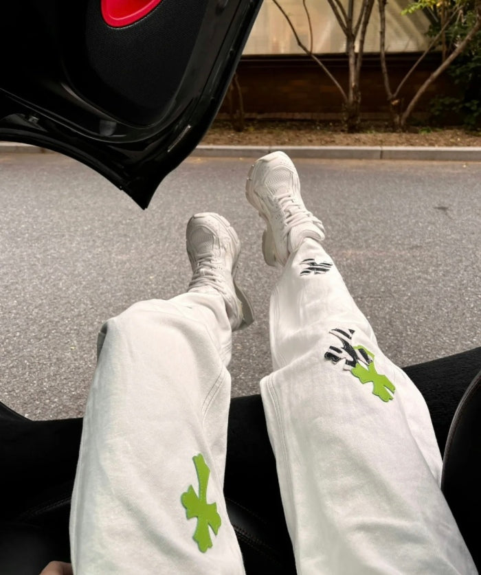 Chrome Hearts Green Zebra Print Croesses White Pants