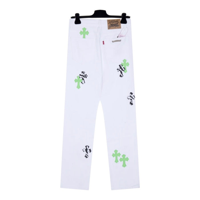 Chrome Hearts Green Zebra Print Croesses White Pants