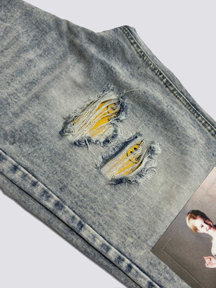 Drew House Smiley Face Digital Picture Sticker Stitching Jeans