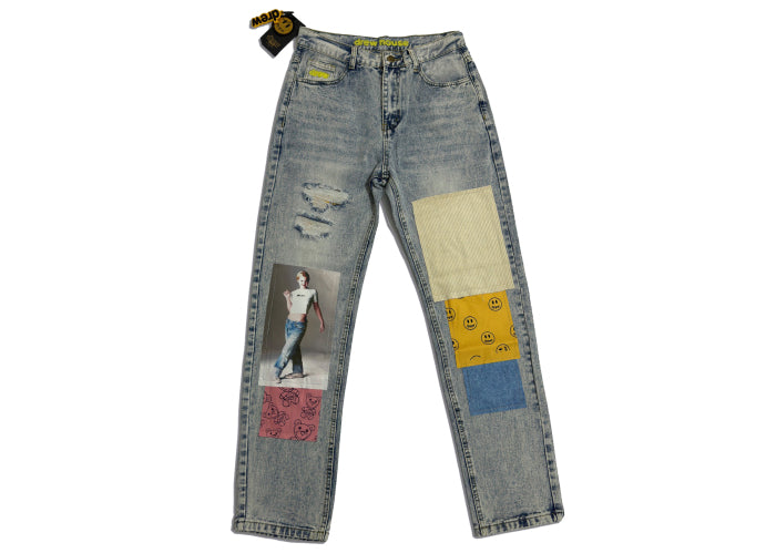 Drew House Smiley Face Digital Picture Sticker Stitching Jeans