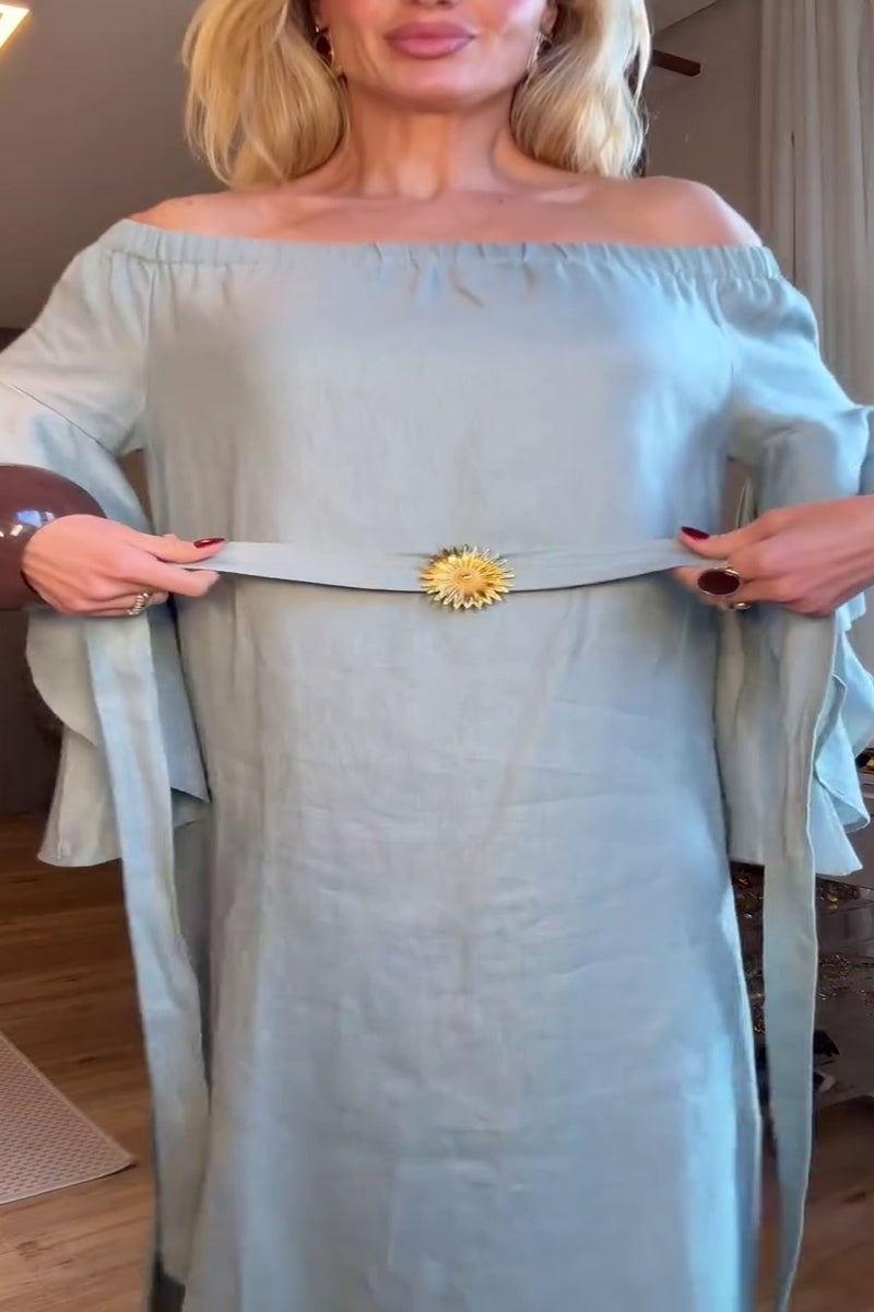 Soft Blue Off-Shoulder Maxi Dress with Ruffle Sleeves