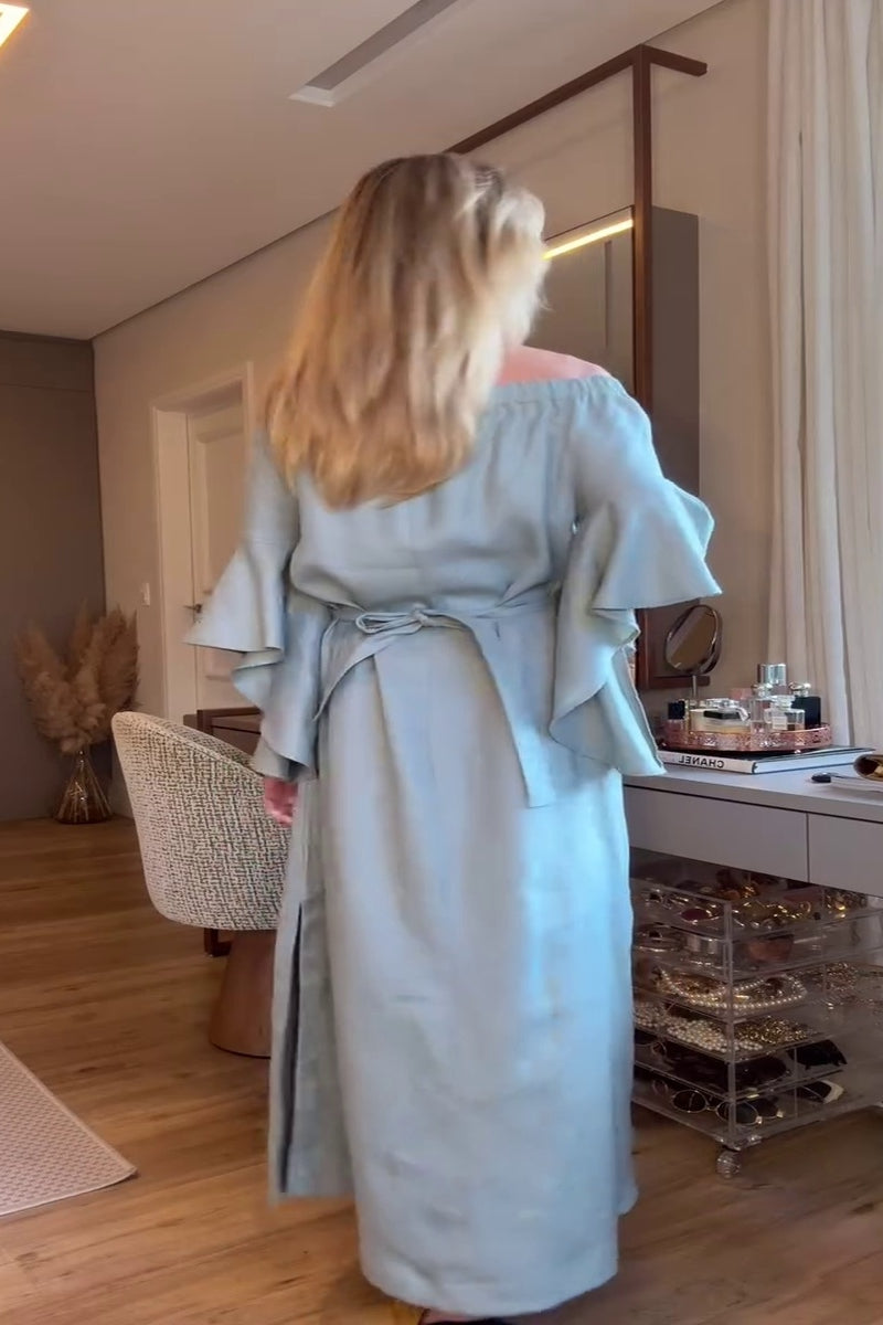 Soft Blue Off-Shoulder Maxi Dress with Ruffle Sleeves