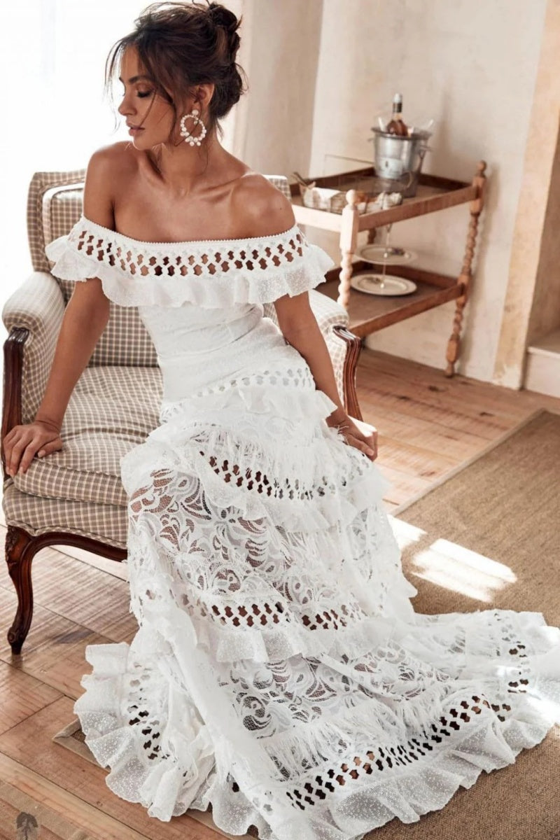 White Lace Hollow Maxi Dress