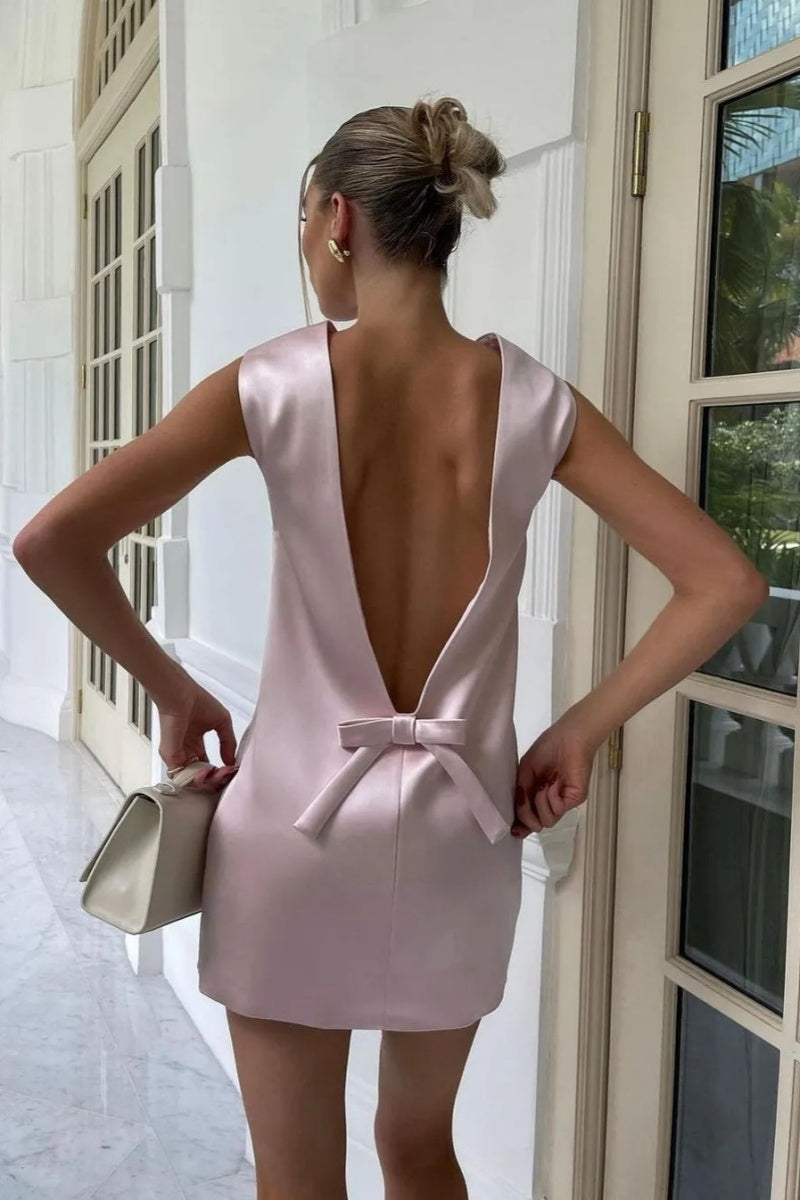 Bow Backless Satin Mini Dress