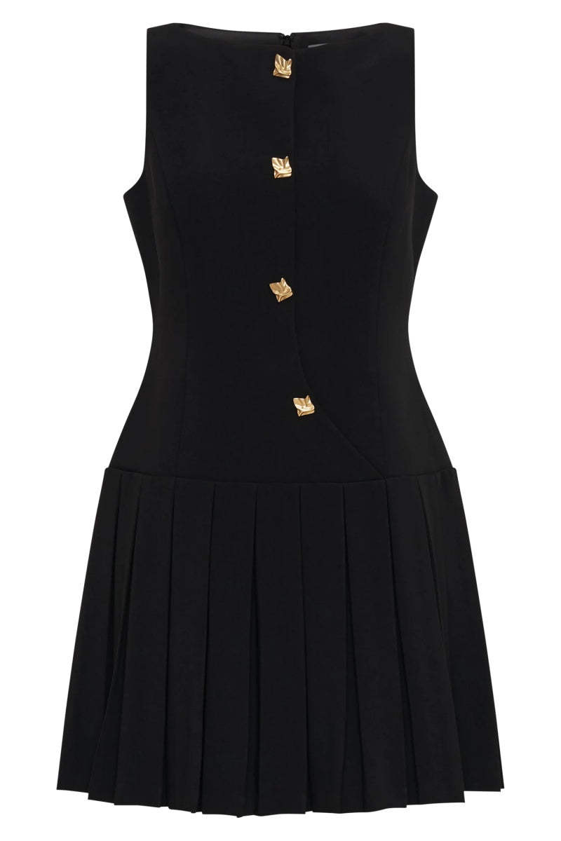 Black Boat Neck Pleated Mini Dress