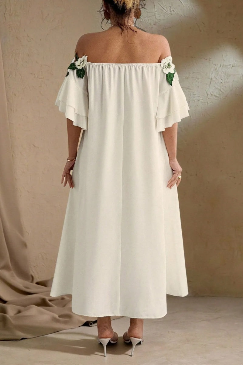 Solid Color Off-Shoulder Floral Elegant Maxi Dress
