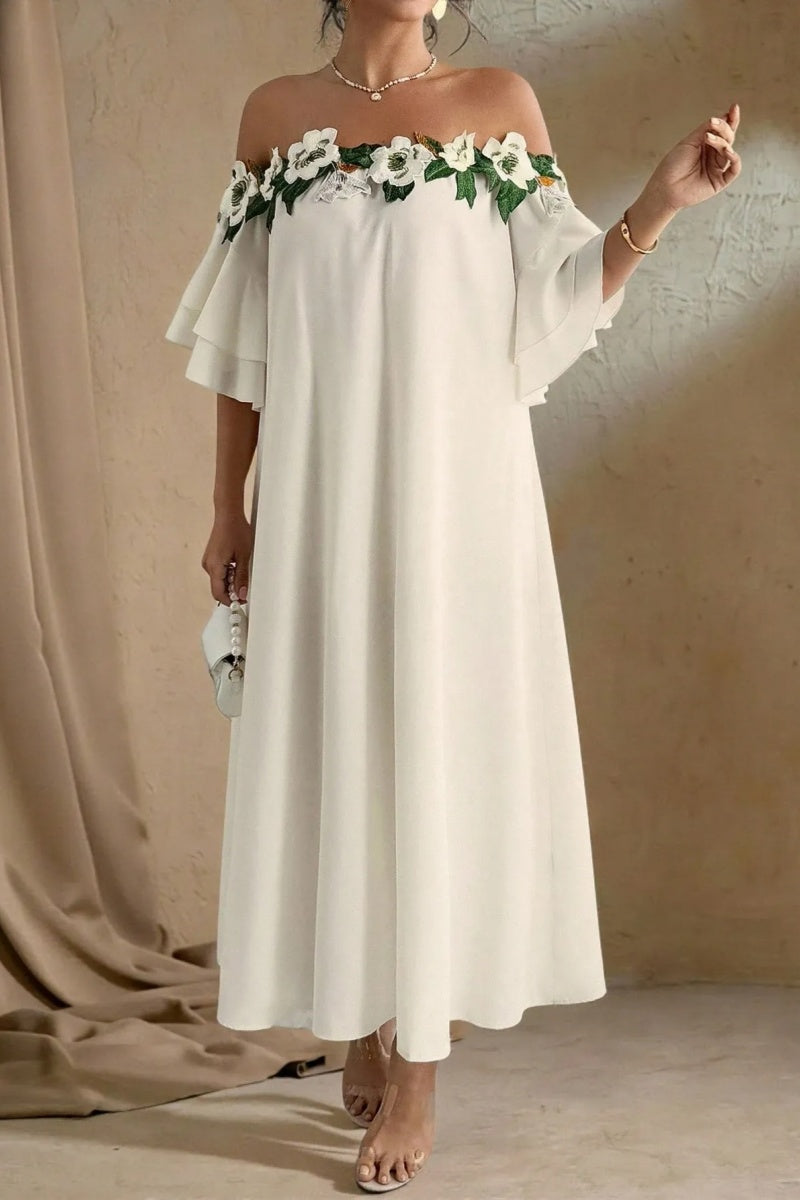 Solid Color Off-Shoulder Floral Elegant Maxi Dress