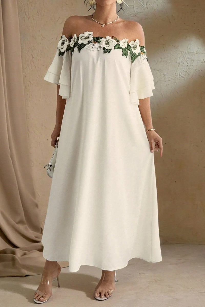 Solid Color Off-Shoulder Floral Elegant Maxi Dress