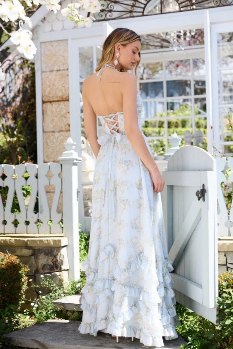 Floral Faux Pearl Ruffle Elegant Maxi Dress