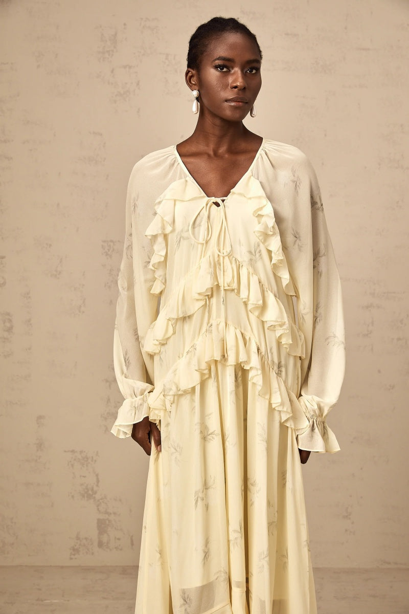 Floral-Print Ruffled Chiffon Midi Dress