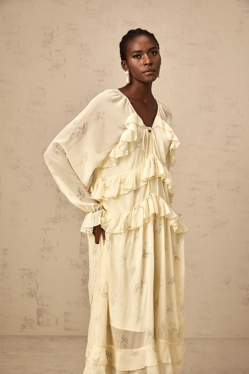 Floral-Print Ruffled Chiffon Midi Dress