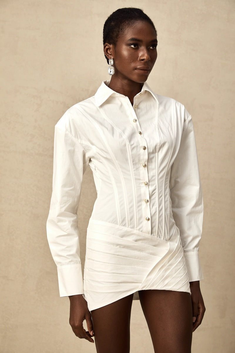 White Cinched-Waist Pleated Mini Shirt Dress