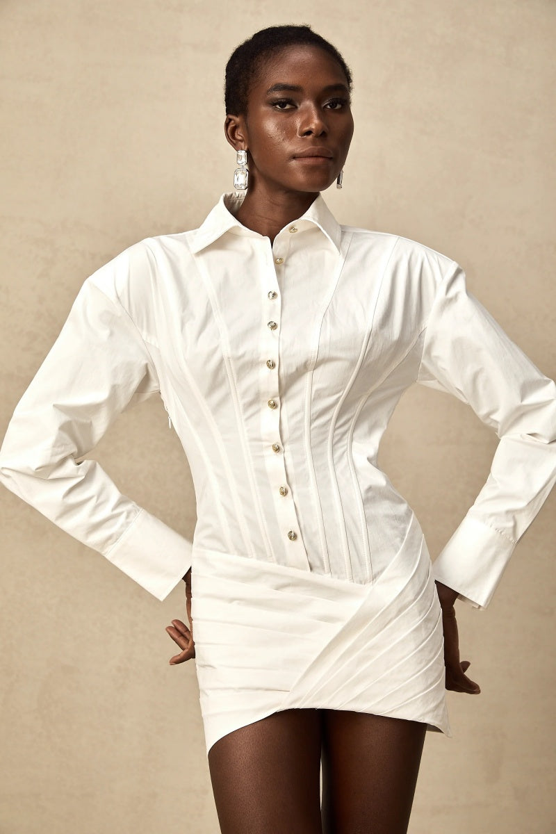 White Cinched-Waist Pleated Mini Shirt Dress