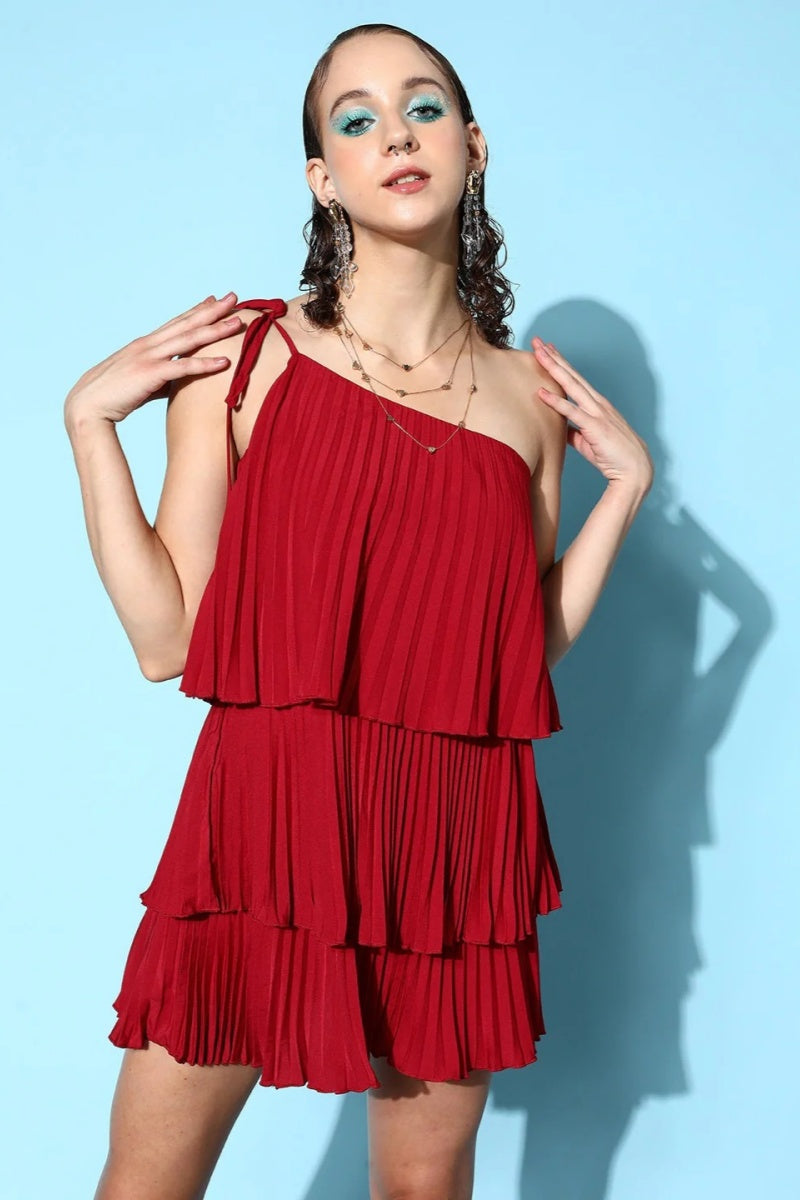 Red One Shoulder Pleated Tiered Sheath Mini Dress