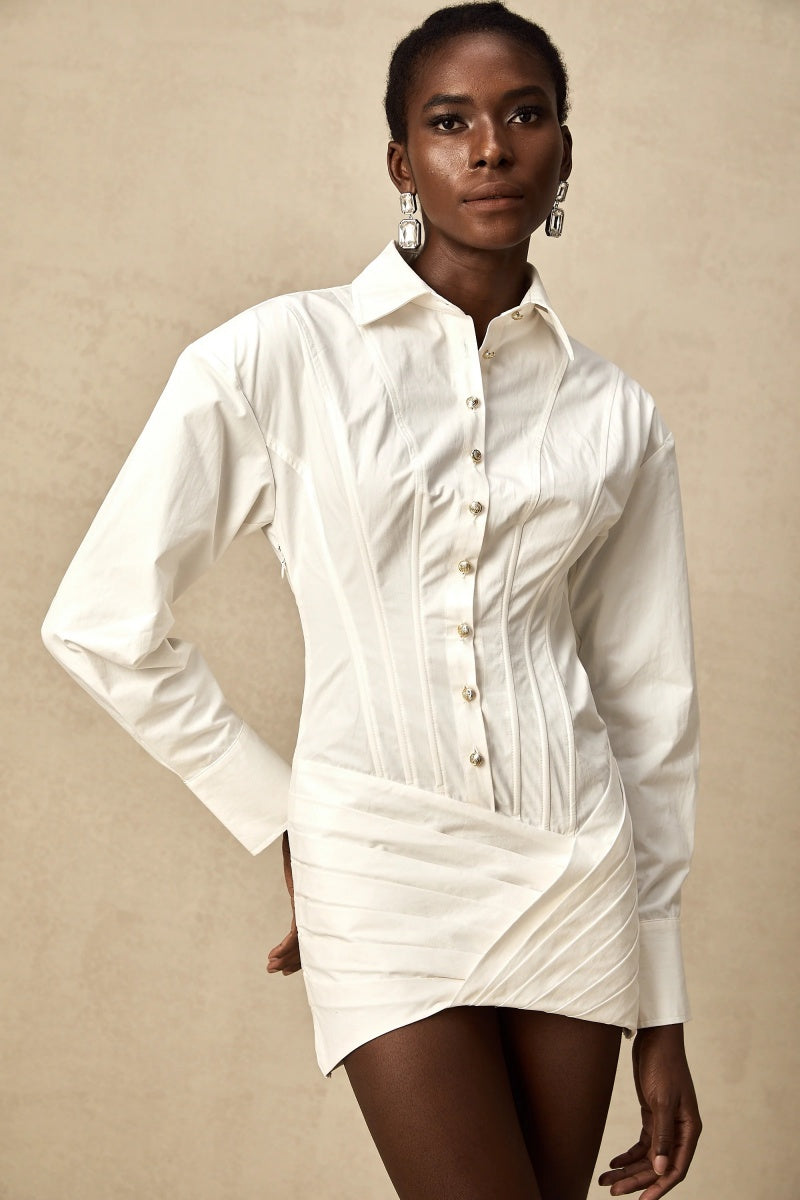 White Cinched-Waist Pleated Mini Shirt Dress